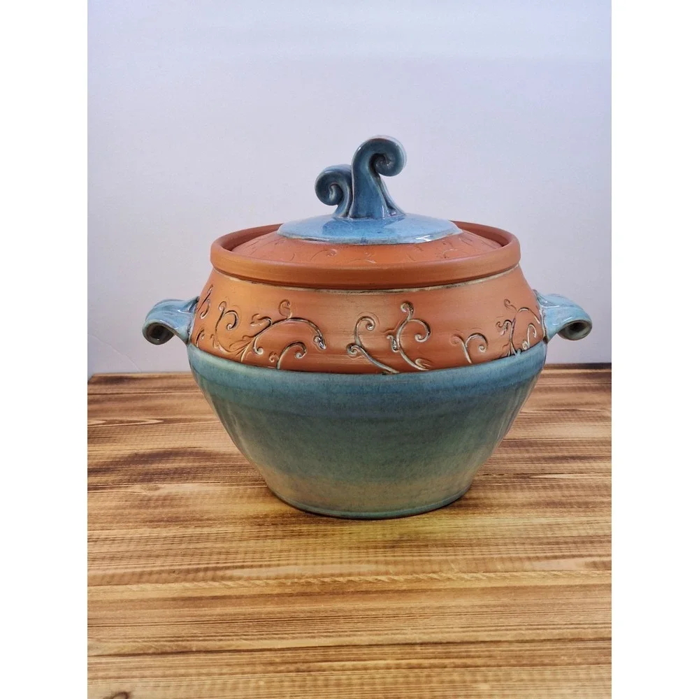 Wendy Summers Pottery Red Clay Bean Crock Pot Artisan Floral Blue Drip Glaze 5x6
